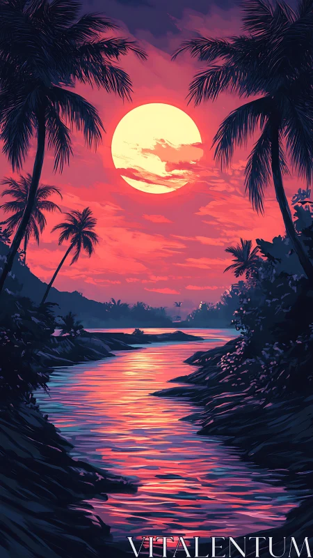 Tropical river under large sunset over silhouetted palms.