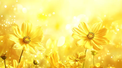 Golden cosmos blossoms in radiant sunlight glow.