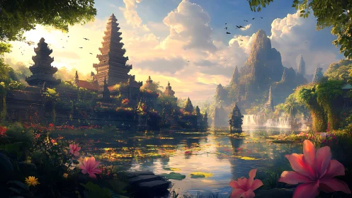 Digital painting of tropical temple lake at luminous sunset.