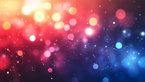 Vibrant bokeh lights abstract background in red, blue, and gold.