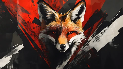 Stylized fox portrait over bold red abstract splashes.