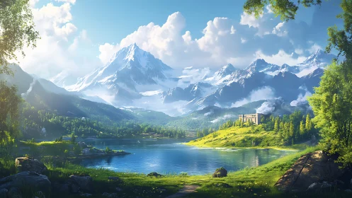 Snowcapped mountains rise over sunlit lakeside castle