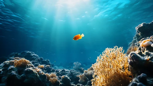 Single orange fish over sunlit coral reef underwater scene.