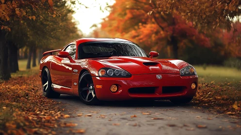 Red sports car stands bold on a quiet autumn forest road