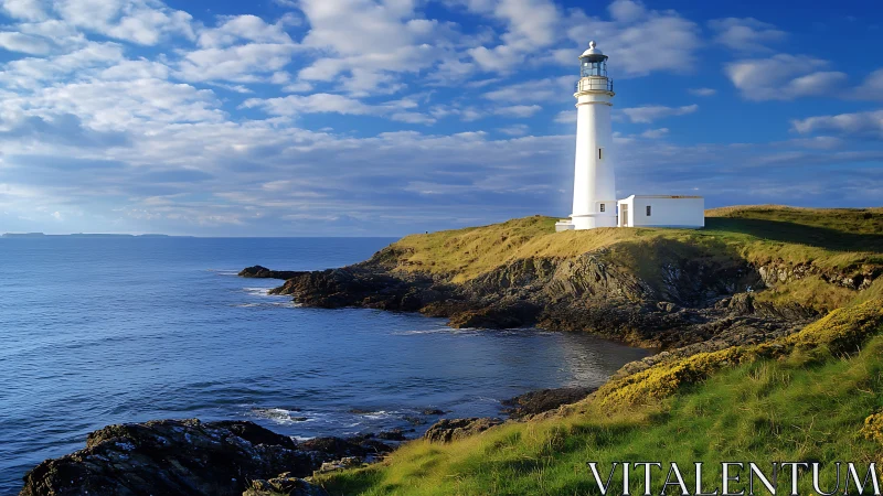 White lighthouse structure situated on coastal headland with rocky outcrops.