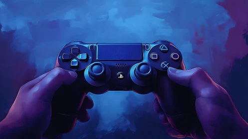 PlayStation DualShock Controller in Neon Lighting with Volumetric Atmospheric Effects