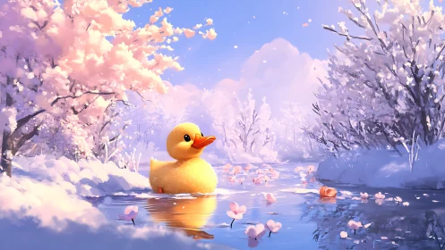 Golden duck drifting through pastel blossom winter stream.