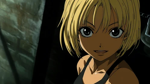 Blonde anime girl in dark industrial setting, bold gaze.