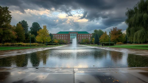 Symmetrical campus fountain aligns with central brick building