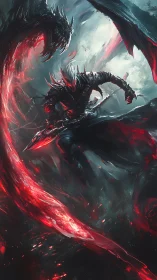 Armored warrior confronting spectral dragon in red vortex.
