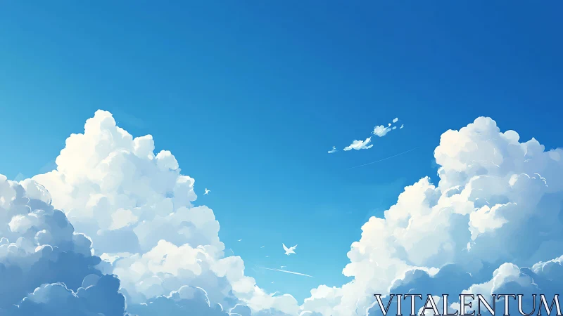Digital sky illustration shows cumulus clouds and distant birds