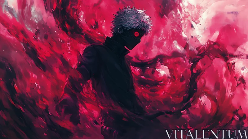 Anime antihero in crimson energy vortex, high contrast composition.