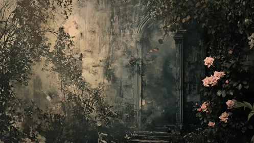 Soft pink roses framing a dreamy forgotten garden gate.