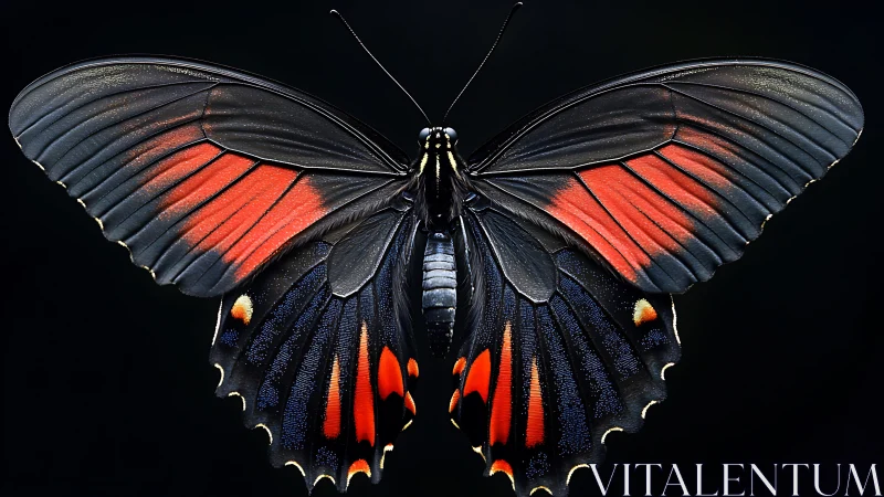 Black butterfly with vivid red and blue patterned wings.