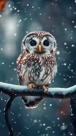 Snowy owl perches in soft winter dusk as gentle flakes fall