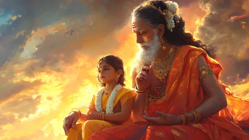 Elder sage guides child in radiant, mythic sunset sky scene.
