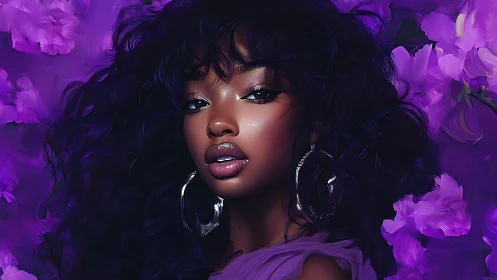 Digital portrait of woman with curls and purple flowers.