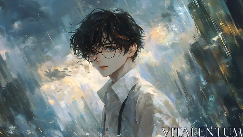 Young figure with glasses in abstract painted sky setting.