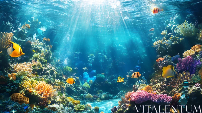 Tropical coral reef habitat with fish under sunlit water.
