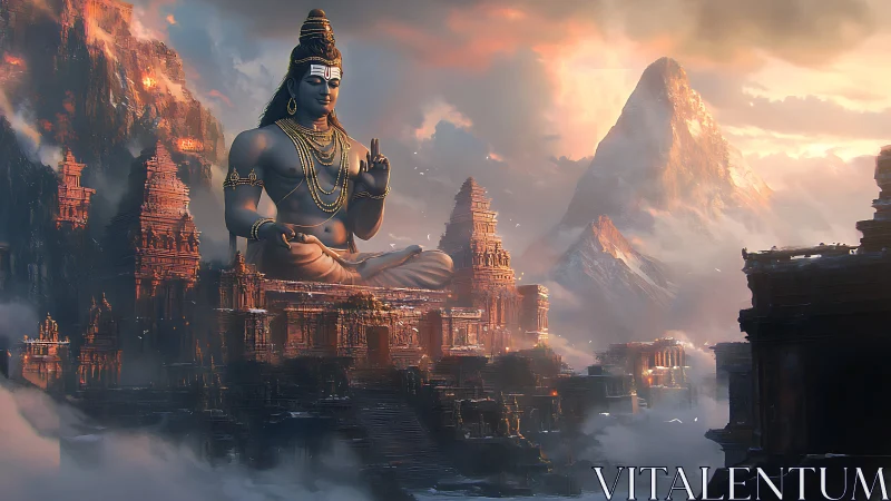 Colossal seated deity amid mountainous temple complex.