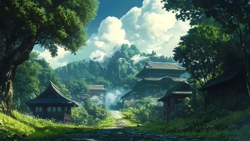 Sunlit mountain village path toward secluded temple complex.