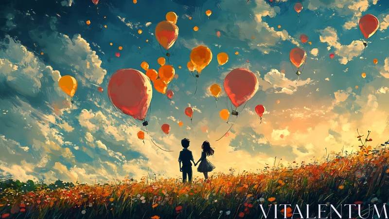 Atmospheric digital vista of children beneath drifting balloons.