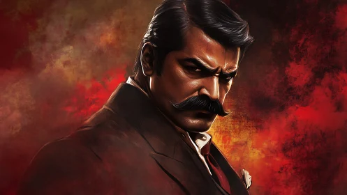 Intense mustached man in suit rendered with high contrast lighting
