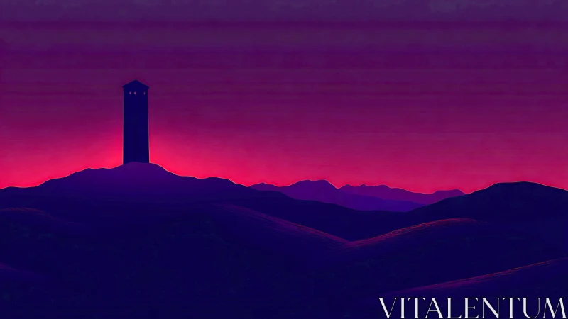 Lonely watchtower on dark hills under neon sunset sky.
