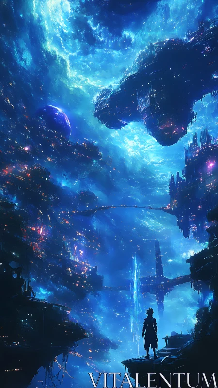 Lone explorer gazes across luminous floating cyber megacity.