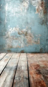 Weathered wooden floor with distressed blue plaster wall.