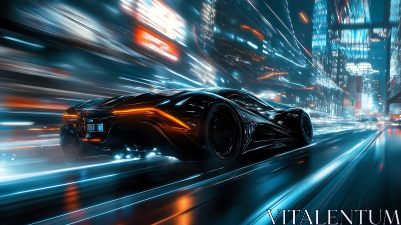 Futuristic black supercar on neon city street at speed.