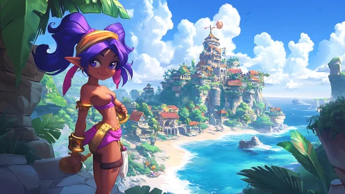 Tropical Fantasy Palace: Purple-Haired Character at Coastal Settlement.