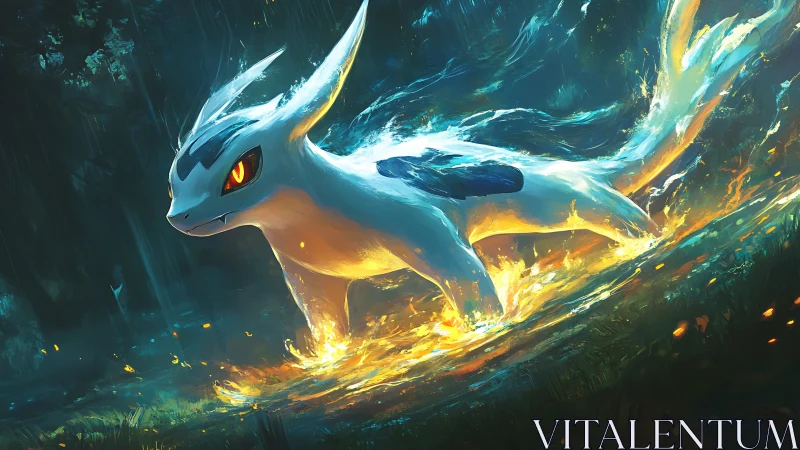 Elemental creature charges through blazing forest stream.