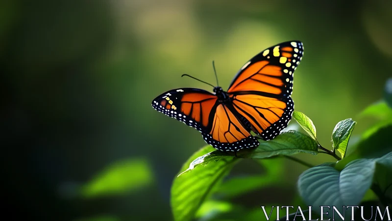 High-macro study of orange butterfly perched on wet foliage