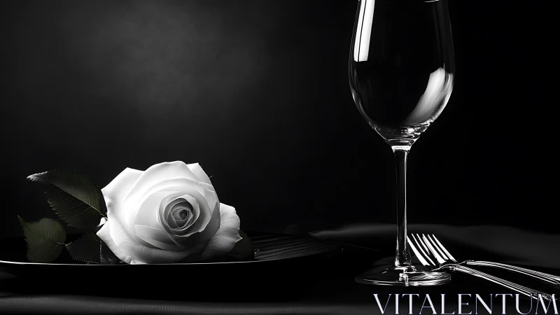 White rose and glassware still life on dark background.