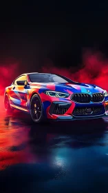 Chromatic performance coupe under saturated neon rim lighting