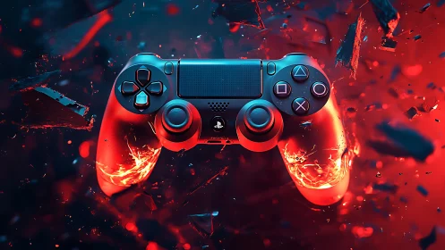 Neon PlayStation Controller Engulfed in Fiery Digital Particles
