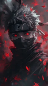 Masked ninja with glowing red eyes amid drifting scarlet leaves.
