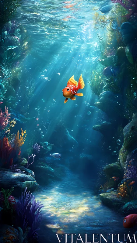 Solitary clownfish drifting through luminous reef canyon.