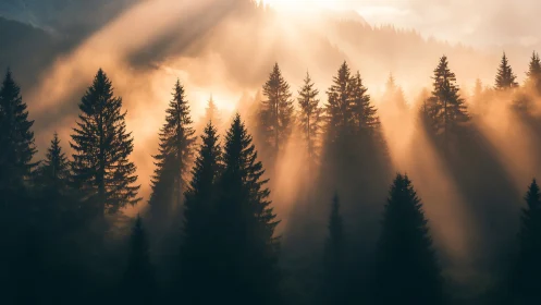 Golden sunrise rays embracing a tranquil misty forest.