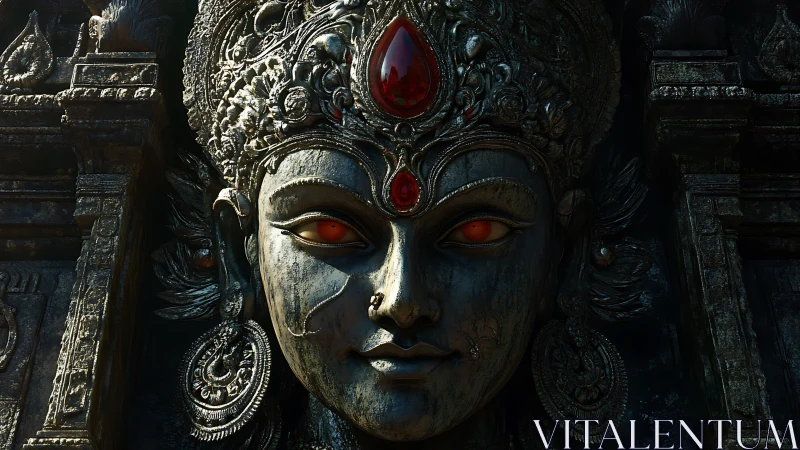 3D deity relief portrait with jeweled crown and glowing eyes.