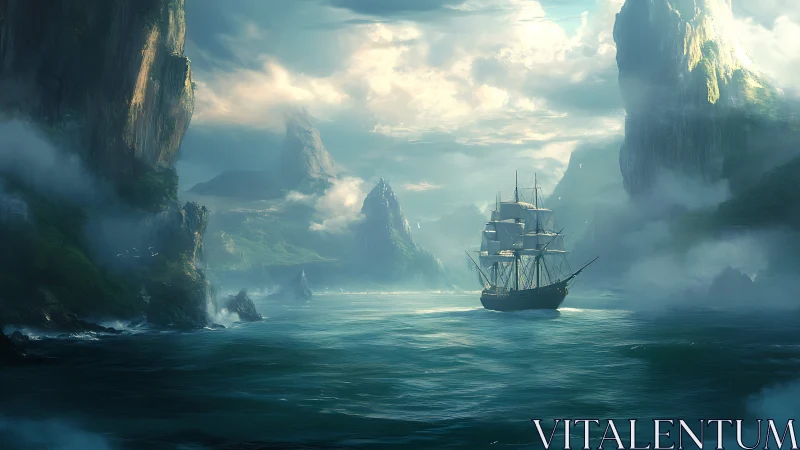 Sailing ship enters misty cliff passage under soft sunrise light