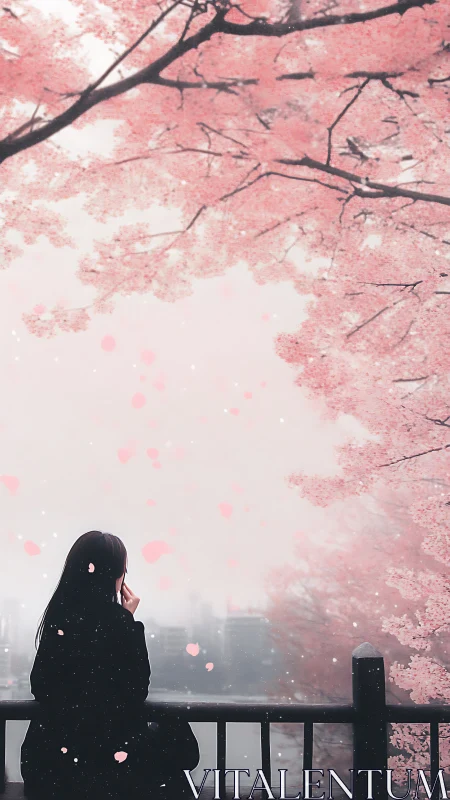 Solitary figure contemplates under soft falling cherry petals
