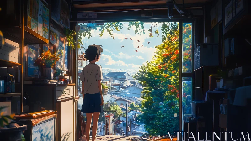 Summer-lit anime interior framing sunlit suburban vista.