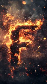 Letter F Engulfed in Inferno Flames and Particle Emission.