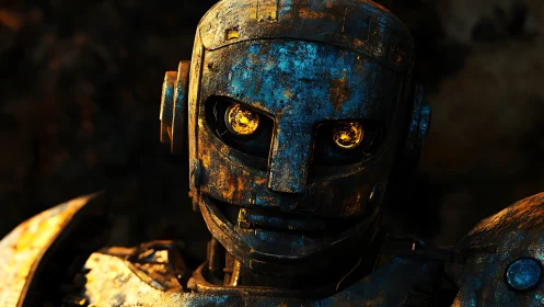 Rust crowned sentinel gazes back with molten ember eyes.