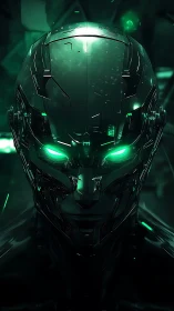 Emerald-eyed cyber sentinel brooding in neon dusk.