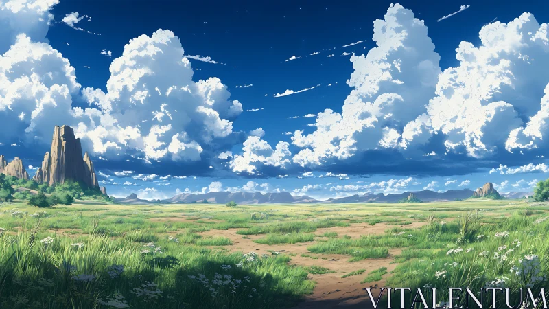 Vast grassy plain stretches under towering summer cumulus clouds