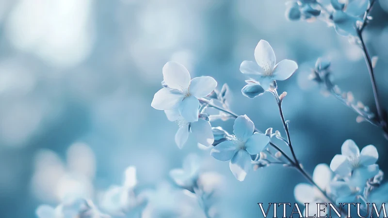 Delicate white flowers on soft blue bokeh background.