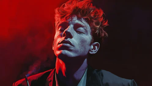 Portrait under red neon glow captures intense solitude.